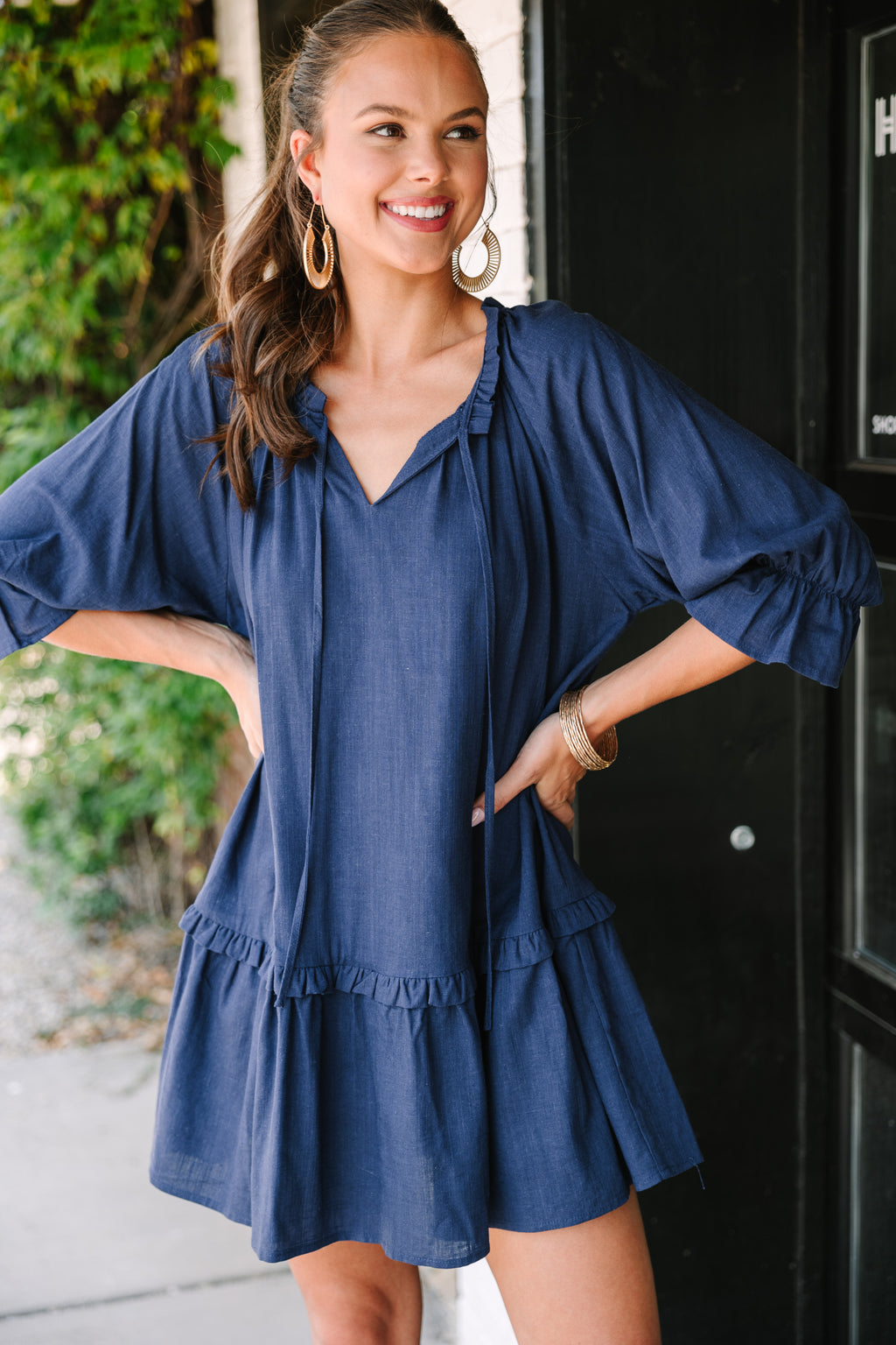 Always In The Lead Navy Blue Linen Dress Always In The Lead Navy Blue Linen Dress