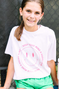 Girls: Keep Your Mind A Happy Place Light Pink Graphic Tee