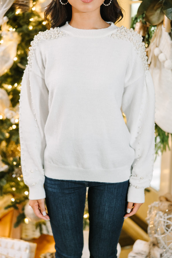 white women's sweaters, embellished sweaters, pearl embellished sweaters, cozy winter sweaters