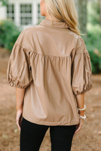 Back In Bold Camel Brown Faux Leather Blouse