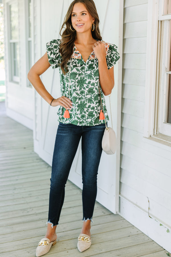 THML: Turn To Fun Green Floral Blouse