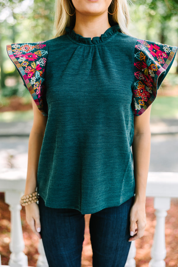 THML: It's All You Teal Blue Embroidered Blouse