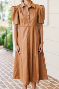 Take It As It Is Camel Brown Faux Leather Midi Dress