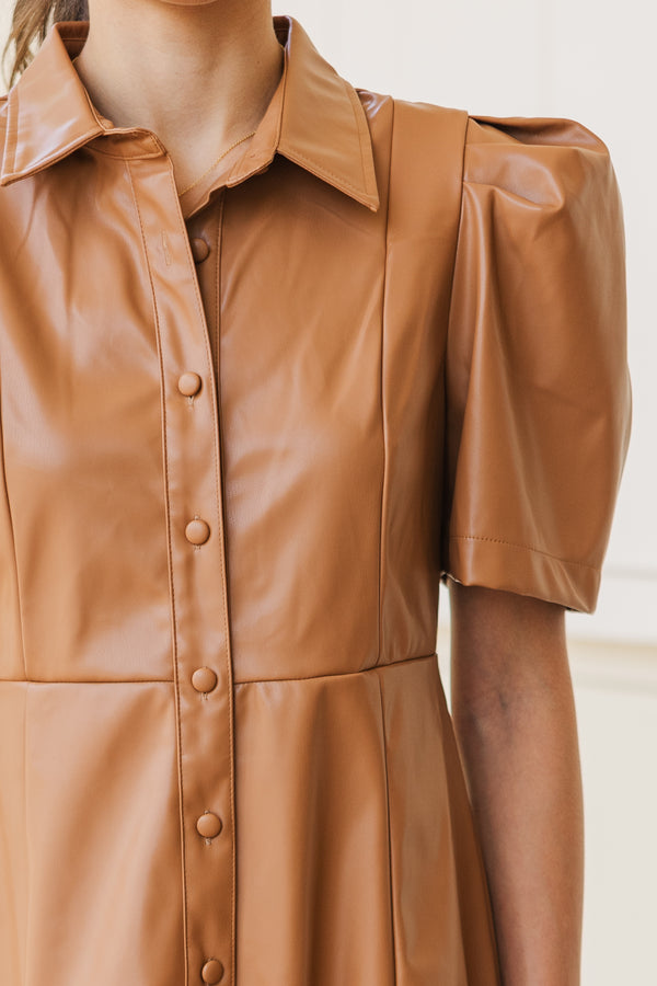 Take It As It Is Camel Brown Faux Leather Midi Dress