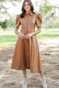 Take It As It Is Camel Brown Faux Leather Midi Dress