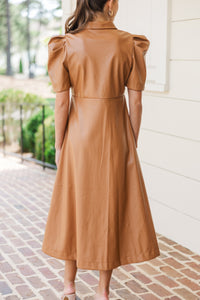 Take It As It Is Camel Brown Faux Leather Midi Dress