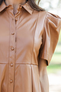 Take It As It Is Camel Brown Faux Leather Midi Dress