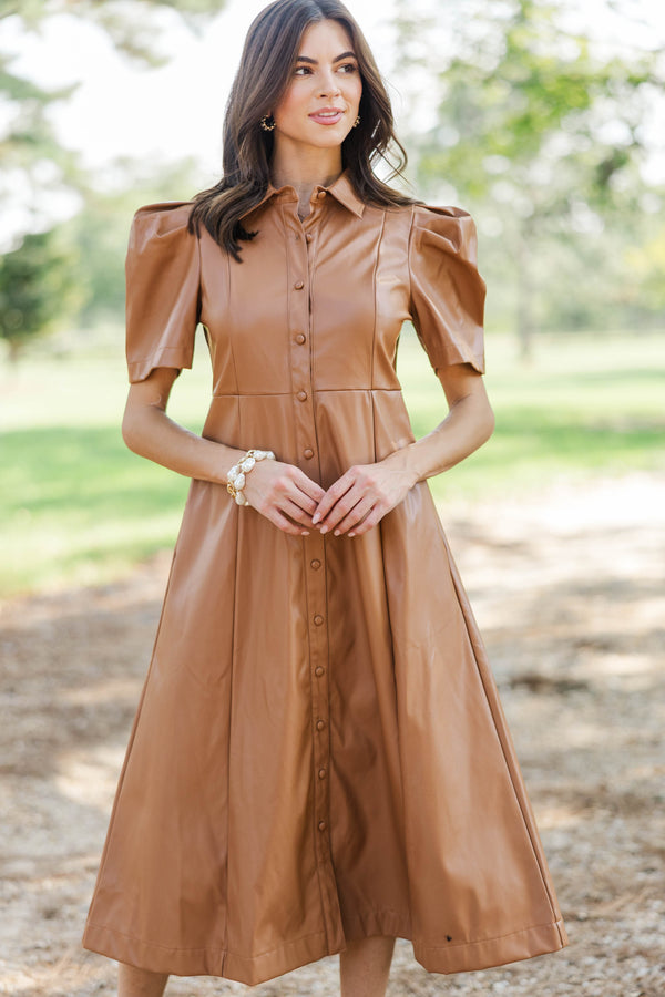 Take It As It Is Camel Brown Faux Leather Midi Dress