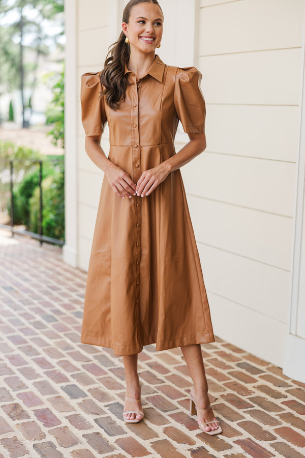 Take It As It Is Camel Brown Faux Leather Midi Dress Shop the Mint