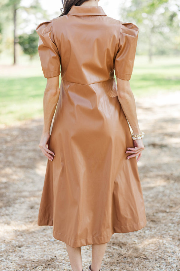 Take It As It Is Camel Brown Faux Leather Midi Dress