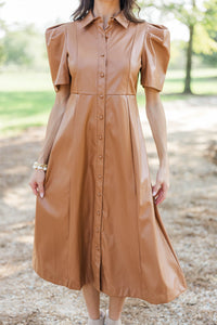 Take It As It Is Camel Brown Faux Leather Midi Dress