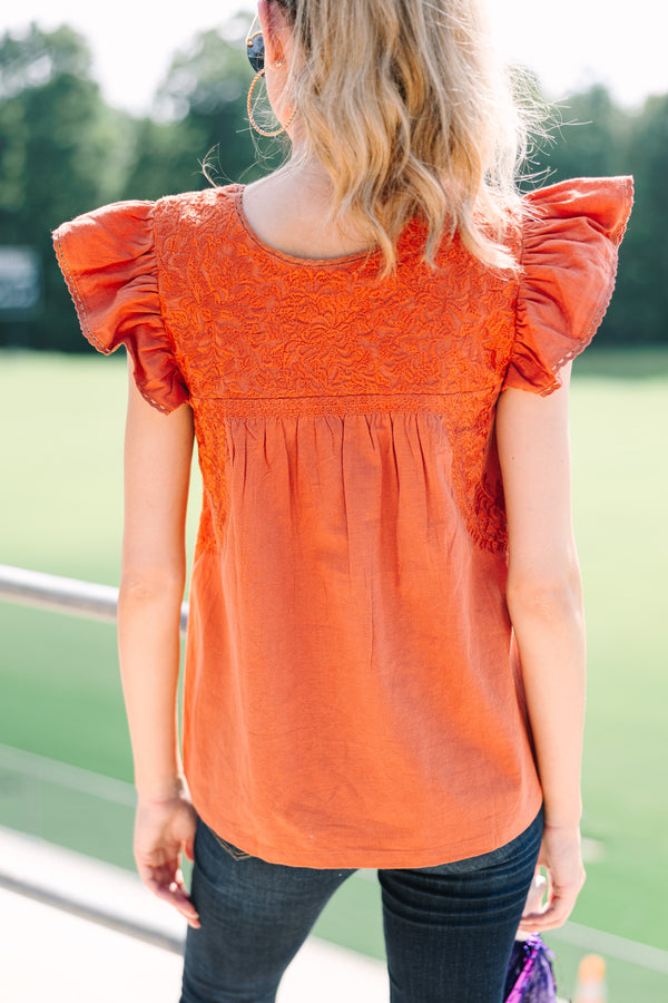 J. Marie: Choose Wisely Rust Orange Embroidered Top