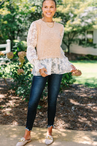 On Your Way Taupe Brown Lace Blouse