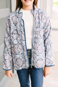Girls: See It Through Blue Paisley Quilted Jacket