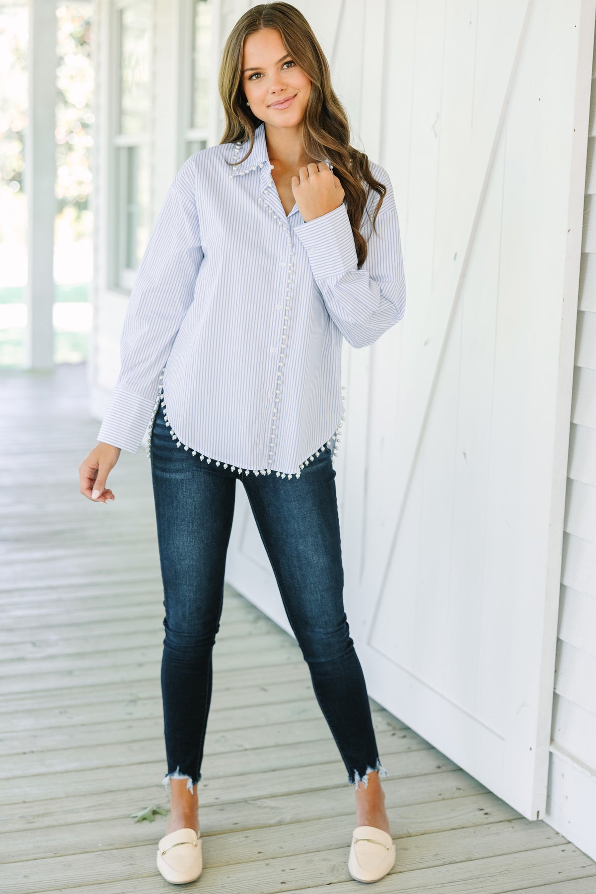 Care To Be Classic Light Blue Striped Button Down Blouse – Shop the Mint