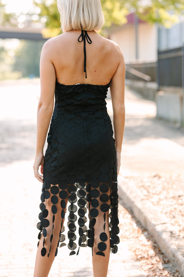 black midi fringe dress Halo Moon Sequin Fringe Midi Dress Black