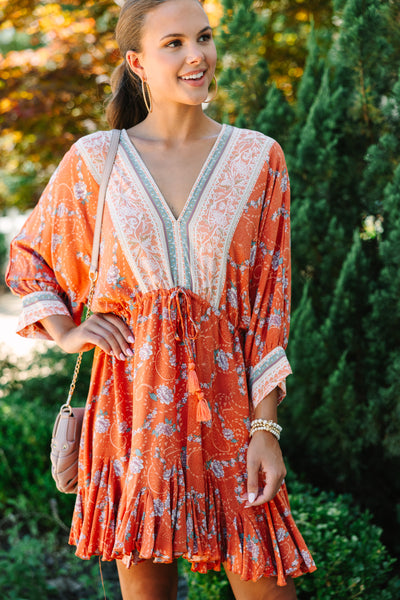 rust orange boho dress Olivaceous Dulce Rust Floral Print Mini Dress - Size L - Lightweight Rayon Fabric - V-Neckline with Tassel Tie - Short Sleeves
