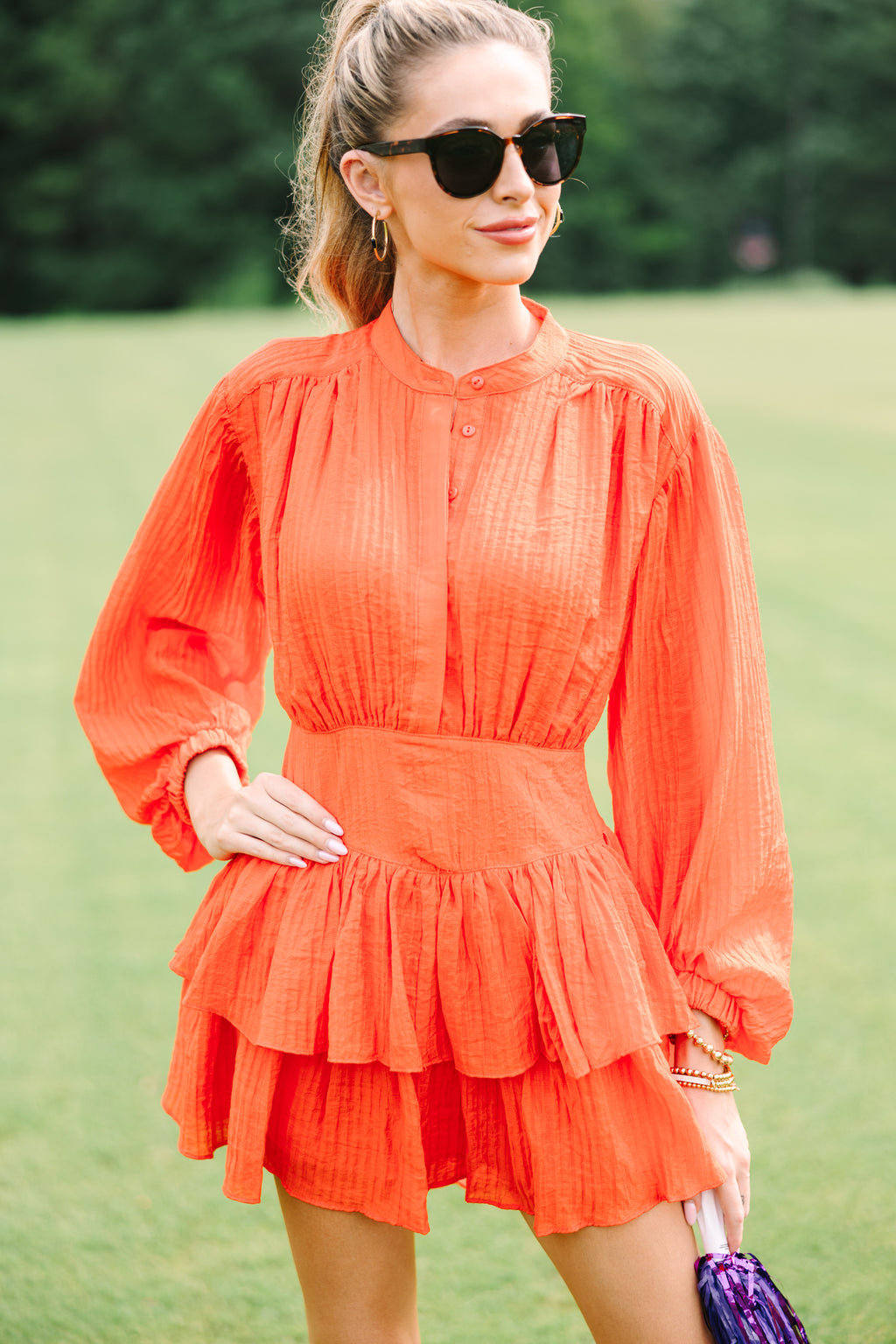 Olivaceous: Contain Your Joy Orange Pleated Dress, Small - The Mint Julep Boutique