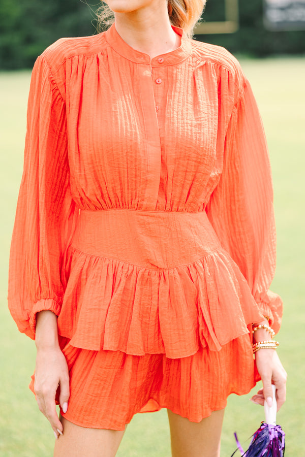 pleated orange dress, gameday dresses, trendy boutique dresses