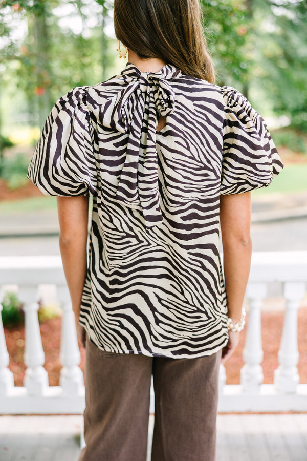 Can't Leave You Chocolate Brown Zebra Blouse