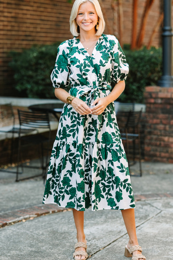 green and white printed midi dress, midi dresses for women, fall family photos