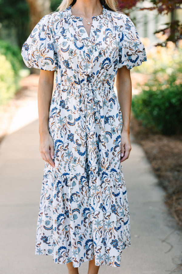 blue and white printed midi dress, midi dresses for women, fall family photos