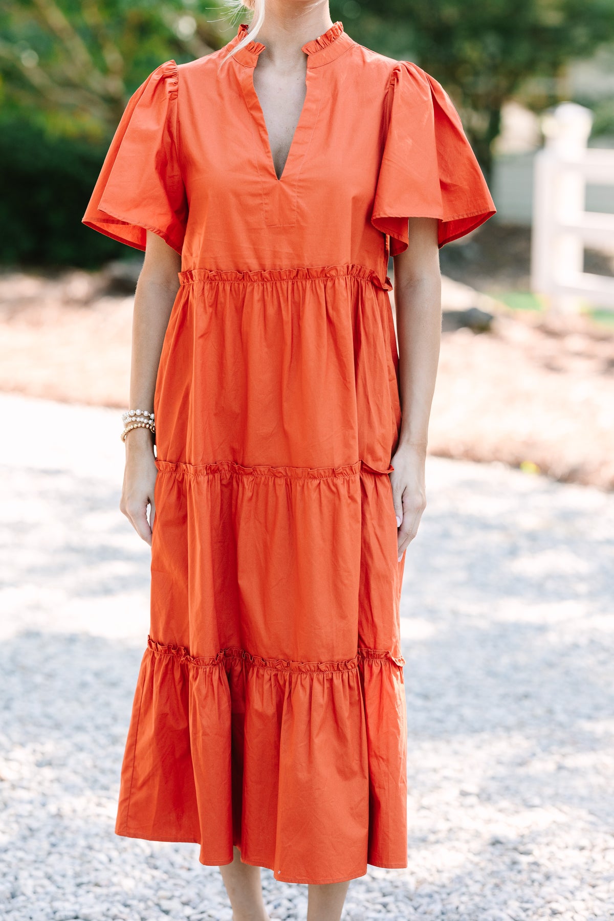 sugar lips off the shoulder dress Sugarlips: Make A Statement Rust Orange Tiered Midi Dress – Shop the Mint