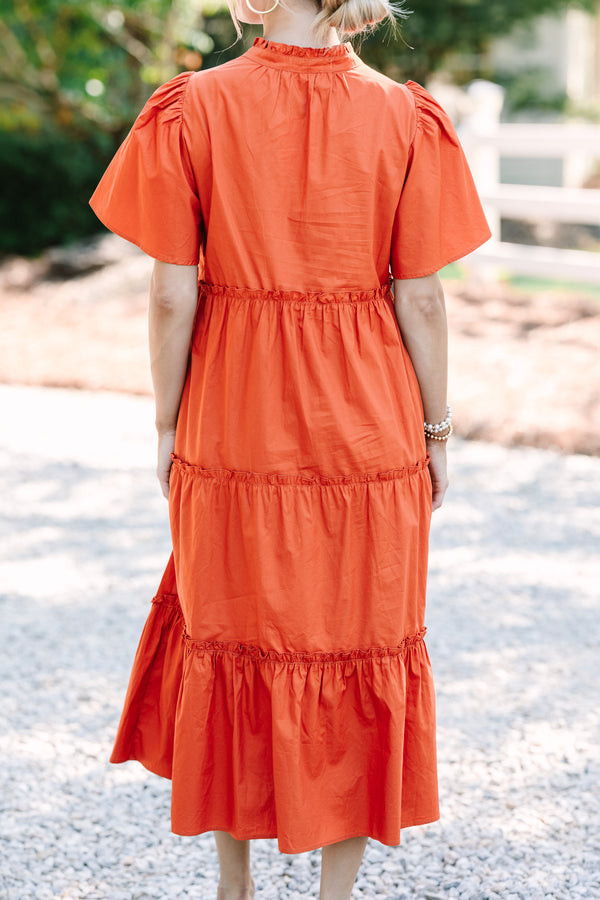 fall orange dresses Sugarlips: Make A Statement Rust Orange Tiered Midi Dress – Shop the Mint