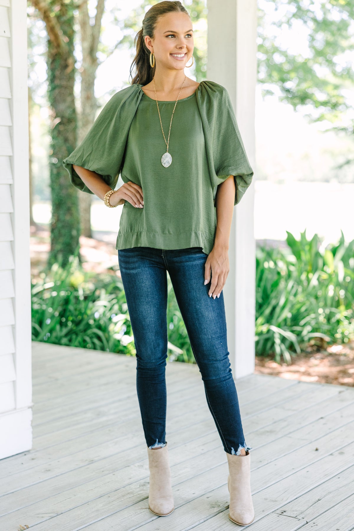 Point It Out Olive Green Satin Blouse – Shop the Mint