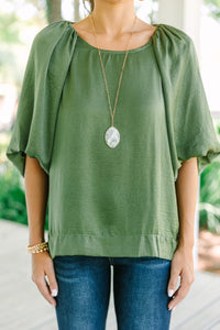 Point It Out Olive Green Satin Blouse