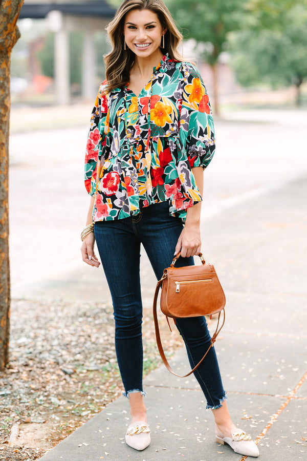 bold floral blouse, colorful floral blouse, boutique blouses