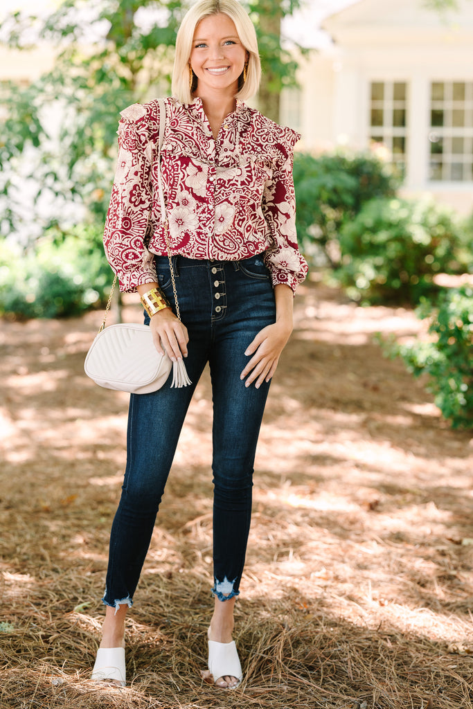 Keep It Up Sangria Red Floral Ruffled Blouse – Shop the Mint