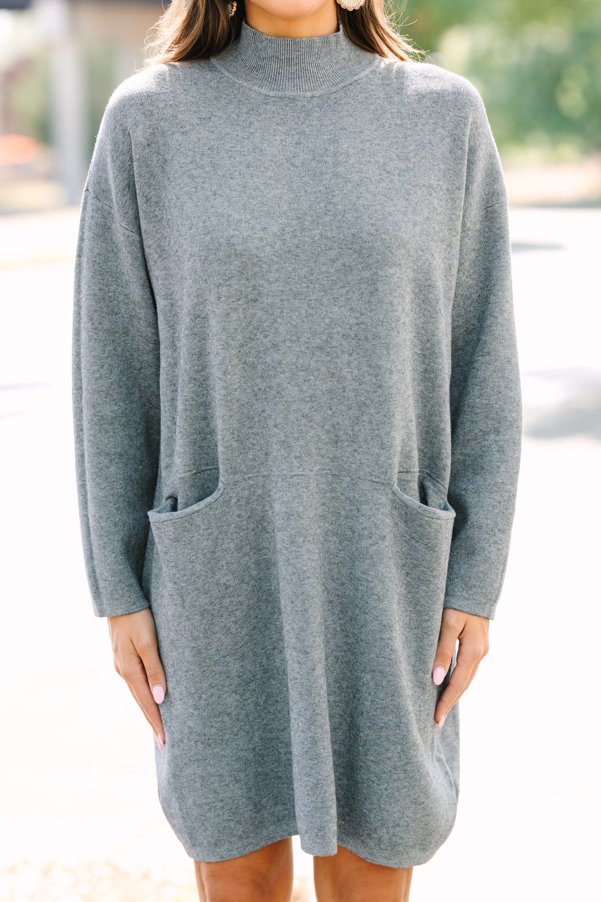 navy blue dress for baby girl High Neck Sweater Dress for Women Fall Winter Casual Knit Loose Turtleneck  Long Sleeve Dress Curved Hem Sweaters (X-Large, Gray)