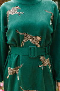 Quick Decisions Hunter Green Cheetah Sweater Dress