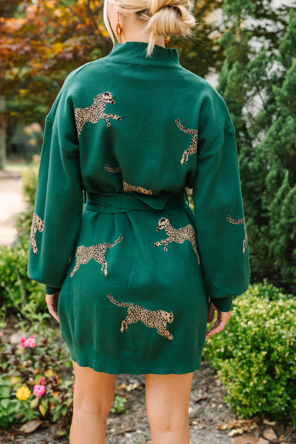 Quick Decisions Hunter Green Cheetah Sweater Dress