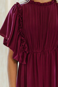 All The Good Burgundy Red Ruffled Midi Dress