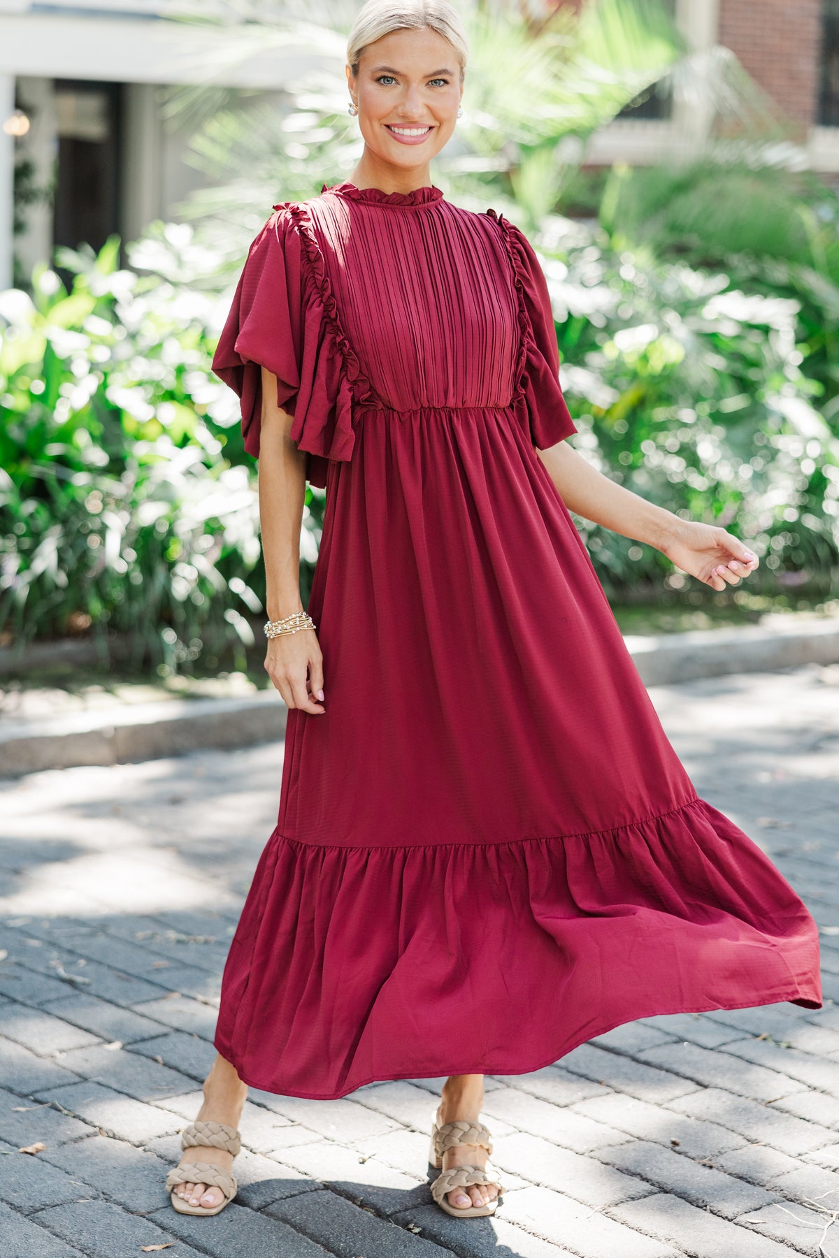 All The Good Burgundy Red Ruffled Midi Dress – Shop the Mint