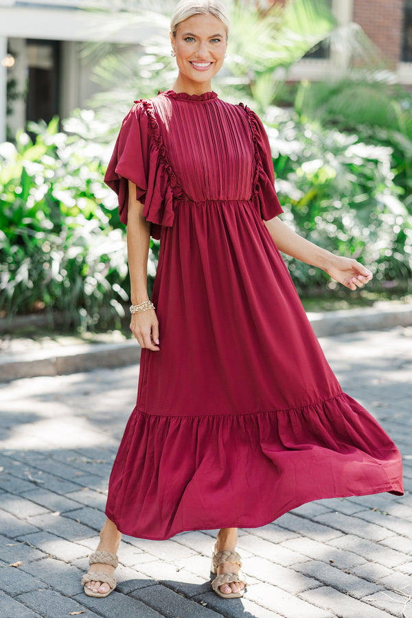 All The Good Burgundy Red Ruffled Midi Dress