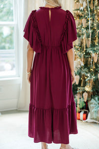 All The Good Burgundy Red Ruffled Midi Dress