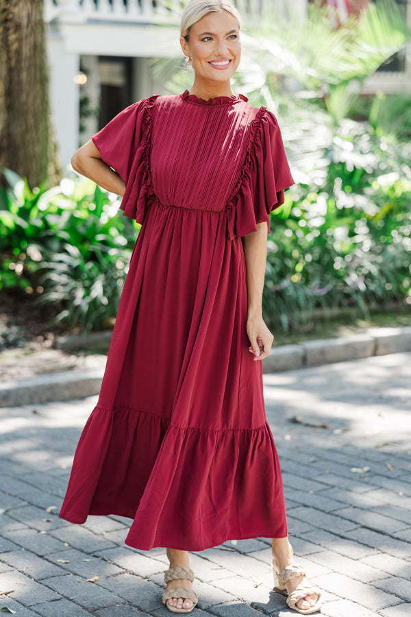 All The Good Burgundy Red Ruffled Midi Dress Shop the Mint