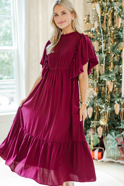 midi burgundy dresses All The Good Red Ruffled Dress, Medium - The Mint Julep Boutique Size:L+ womens-shoes:Dress Penny This dress is so Long Sleeves Glitter Royal