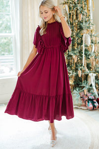 All The Good Burgundy Red Ruffled Midi Dress