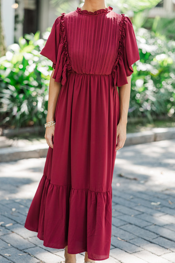 All The Good Burgundy Red Ruffled Midi Dress