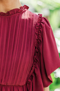 All The Good Burgundy Red Ruffled Midi Dress