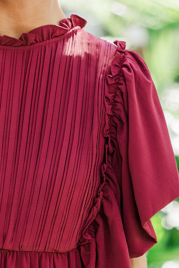 All The Good Burgundy Red Ruffled Midi Dress