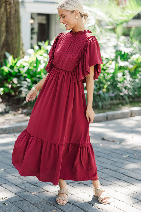 All The Good Burgundy Red Ruffled Midi Dress