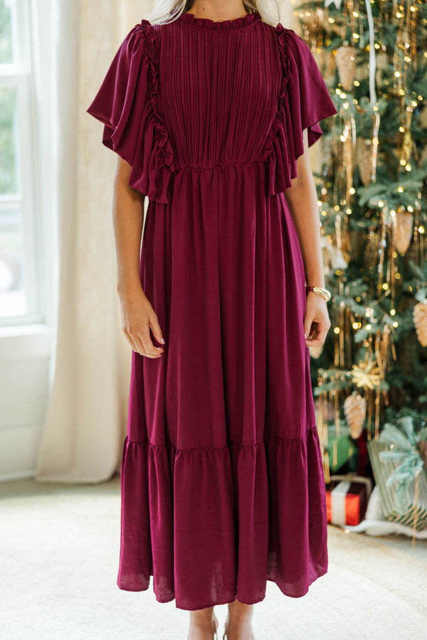 All The Good Burgundy Red Ruffled Midi Dress