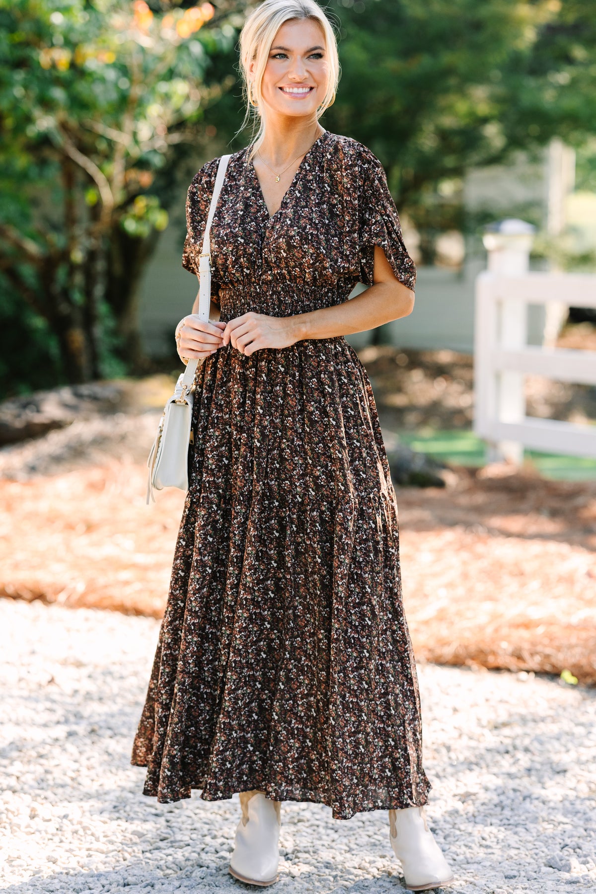 Out In The Open Brown Ditsy Floral Maxi Dress – Shop the Mint