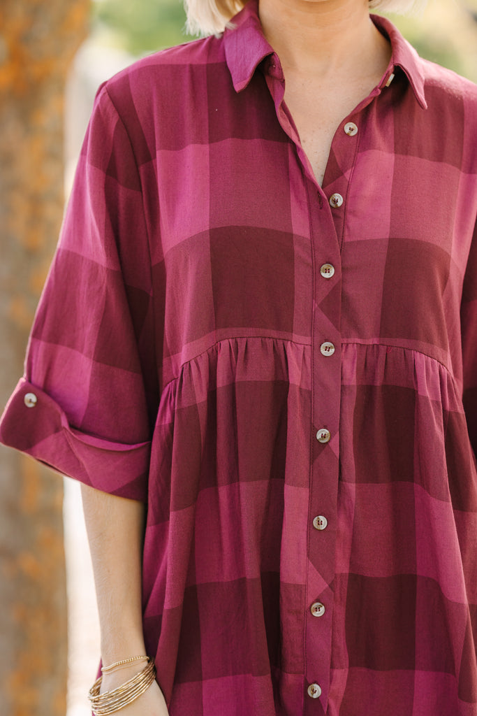 We're Better Together Burgundy Red Plaid Babydoll Dress Shop the Mint