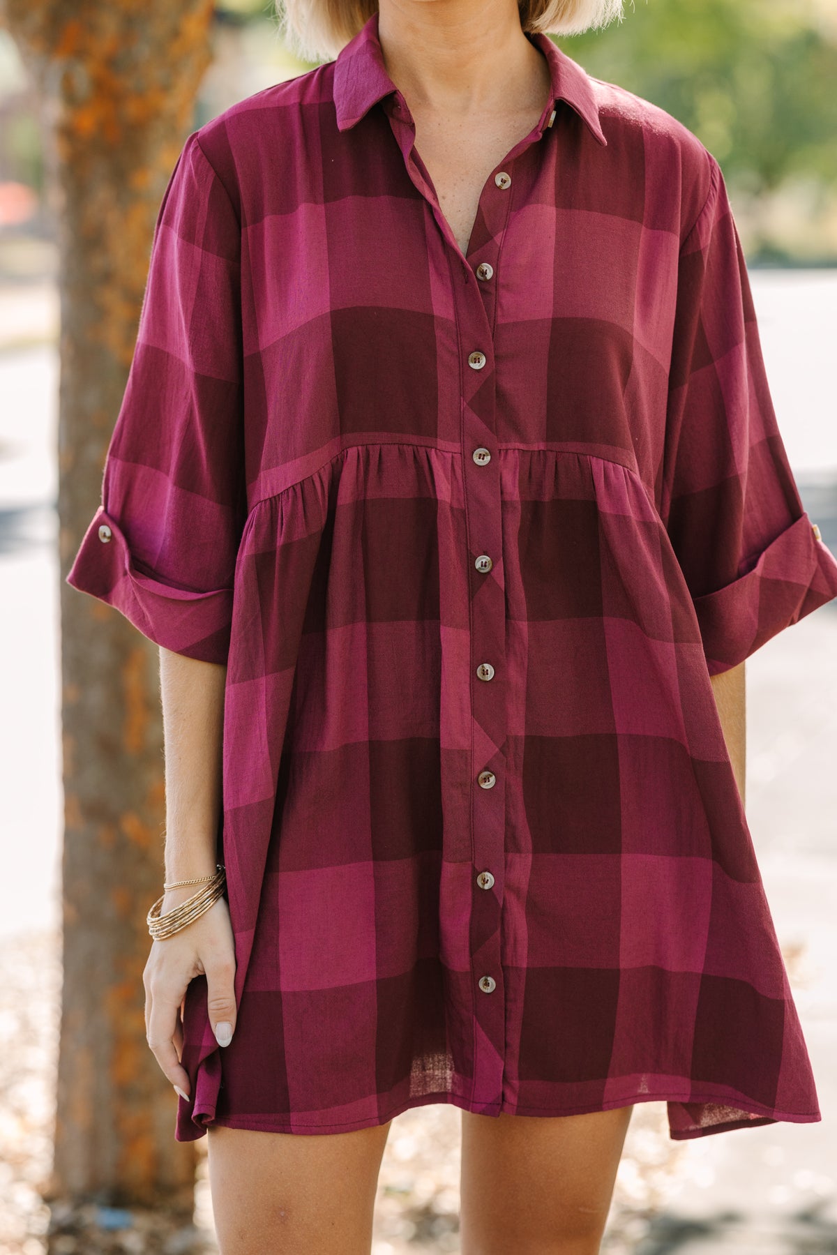 We're Better Together Burgundy Red Plaid Babydoll Dress Shop the Mint